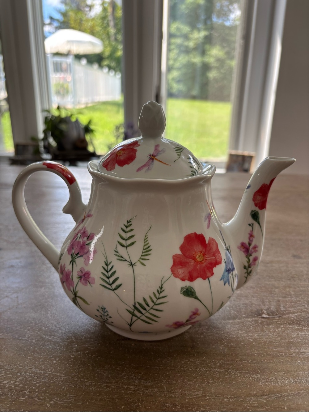 Floral Porcelain Teapot - Red & Green Botanical Design